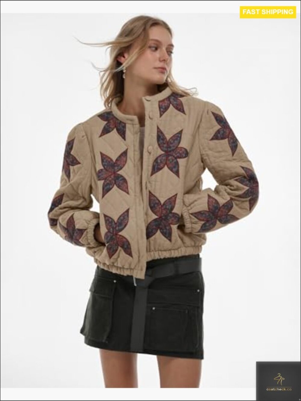 Women's Lightweight Floral Embroidered Cropped Quilted Puffer Jacket Button - Picture 4 of 7